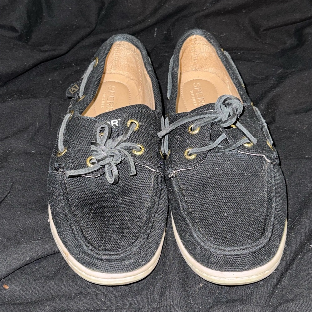 Sperry Wanderer Boat Shoes Womens Size 7 Black Canvas Lace Up Casual